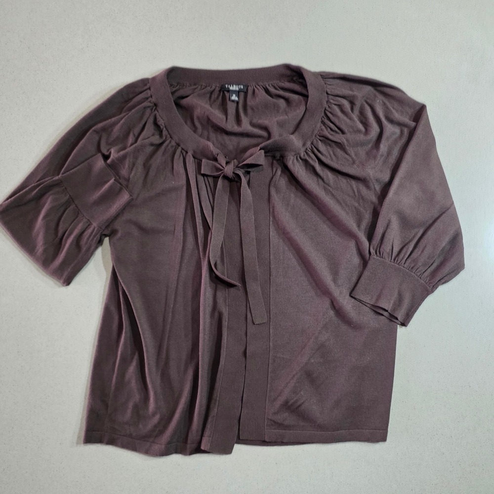 Talbots Brown Tie Neck Cardigan 3/4 Puff Sleeve Knit Top Size Medium